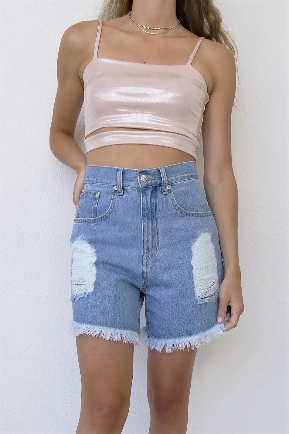Selena medium light blue long jean shorts