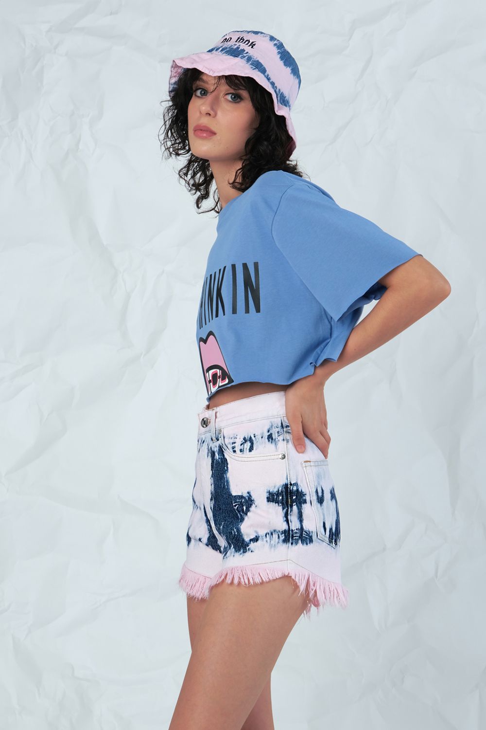 Denim Shorts Fran High Rise Tie-Dye Pink Blue 