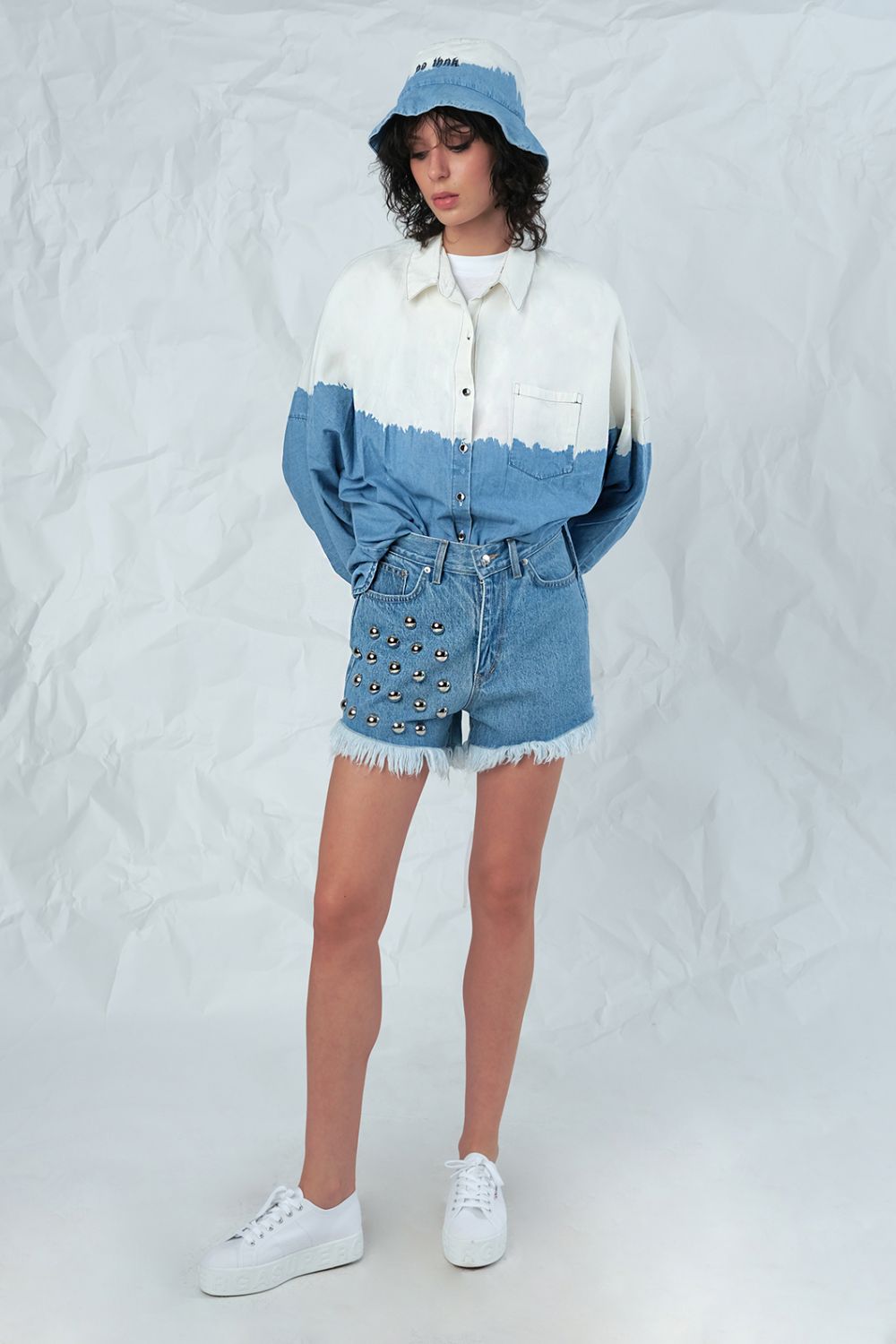 Denim Shorts Fran High Rise Studded Medium Blue