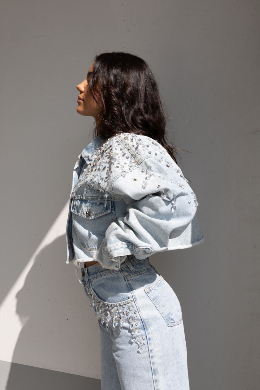 Cropped Denim Embroidered Jacket Clueless Light Blue